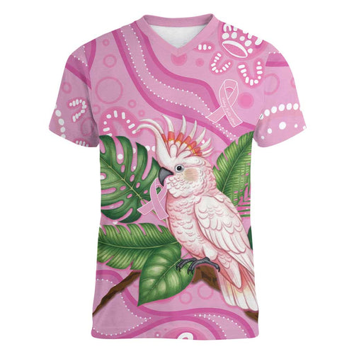 Australia Breast Cancer Awareness Women V-Neck T-Shirt Pink Cockatoo Ribbon Aboriginal Dot Art