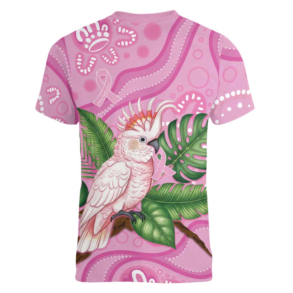 Australia Breast Cancer Awareness Women V-Neck T-Shirt Pink Cockatoo Ribbon Aboriginal Dot Art