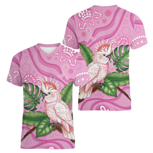 Australia Breast Cancer Awareness Women V-Neck T-Shirt Pink Cockatoo Ribbon Aboriginal Dot Art