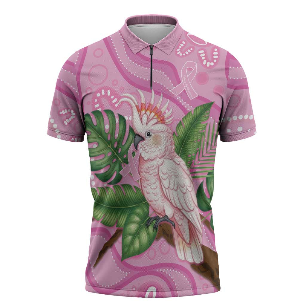Australia Breast Cancer Awareness Zipper Polo Shirt Pink Cockatoo Ribbon Aboriginal Dot Art