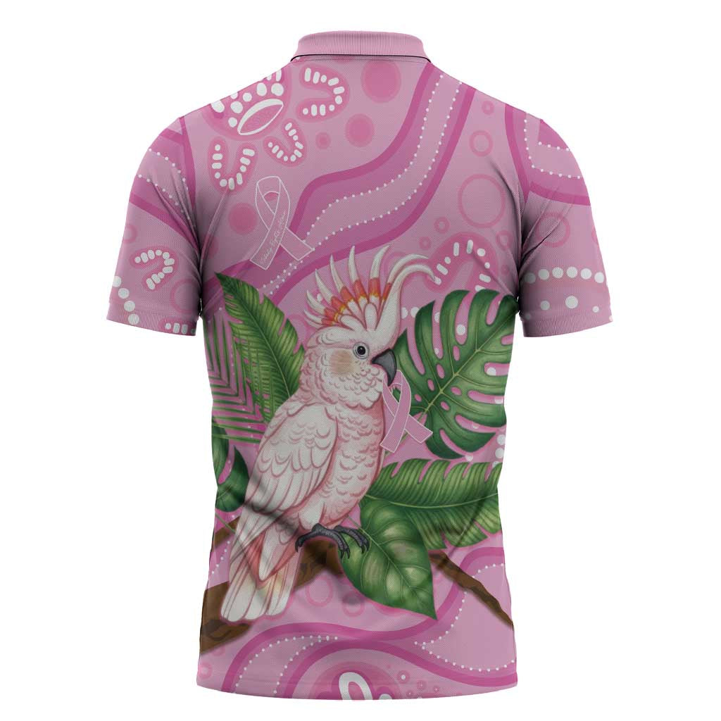 Australia Breast Cancer Awareness Zipper Polo Shirt Pink Cockatoo Ribbon Aboriginal Dot Art