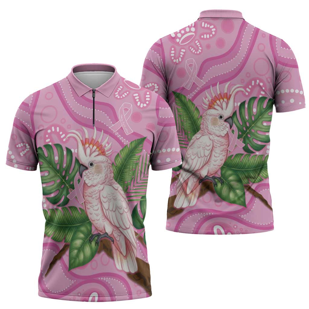 Australia Breast Cancer Awareness Zipper Polo Shirt Pink Cockatoo Ribbon Aboriginal Dot Art