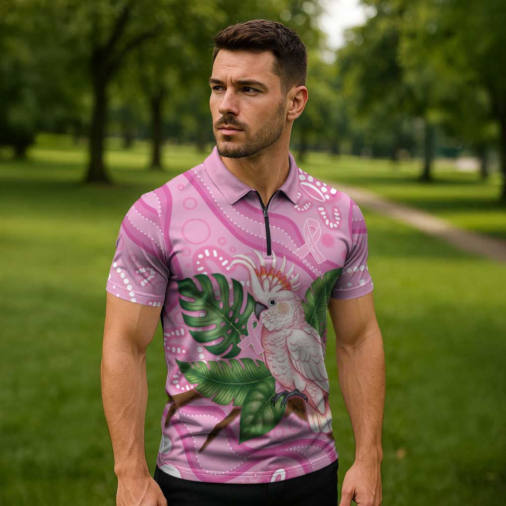 Australia Breast Cancer Awareness Zipper Polo Shirt Pink Cockatoo Ribbon Aboriginal Dot Art