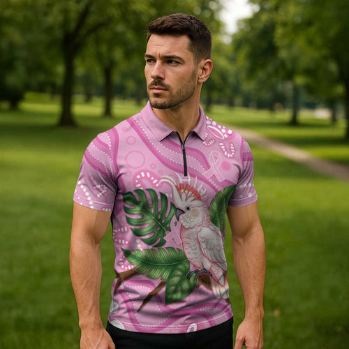 Australia Breast Cancer Awareness Zipper Polo Shirt Pink Cockatoo Ribbon Aboriginal Dot Art