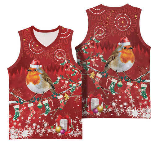Australia Red - capped Robin Christmas In July Basketball Jersey Aussie Passerine Bird Merry Xmas