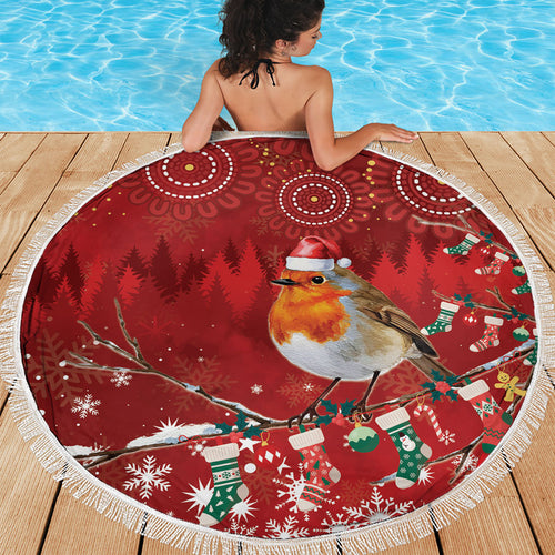 Australia Red - capped Robin Christmas In July Beach Blanket Aussie Passerine Bird Merry Xmas