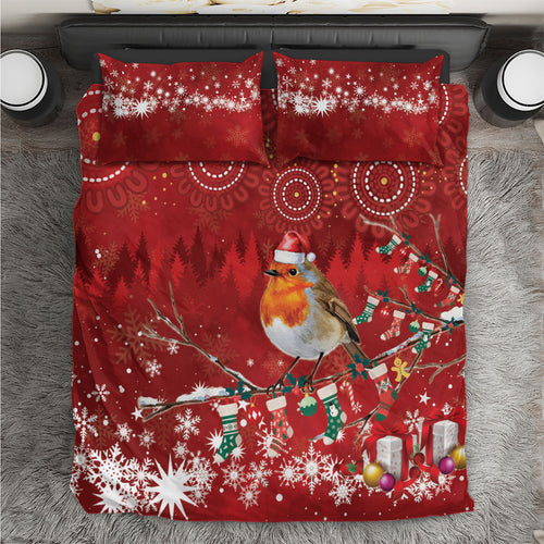 Australia Red - capped Robin Christmas In July Bedding Set Aussie Passerine Bird Merry Xmas