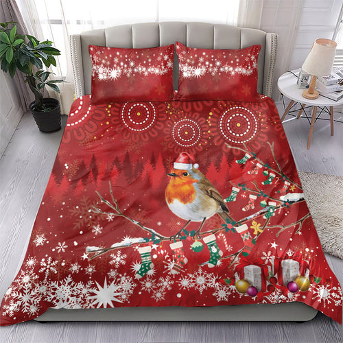Australia Red - capped Robin Christmas In July Bedding Set Aussie Passerine Bird Merry Xmas