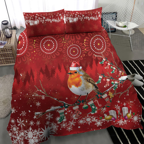 Australia Red - capped Robin Christmas In July Bedding Set Aussie Passerine Bird Merry Xmas