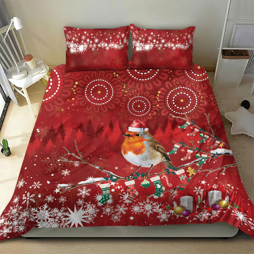 Australia Red - capped Robin Christmas In July Bedding Set Aussie Passerine Bird Merry Xmas