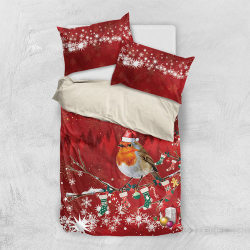 Australia Red - capped Robin Christmas In July Bedding Set Aussie Passerine Bird Merry Xmas
