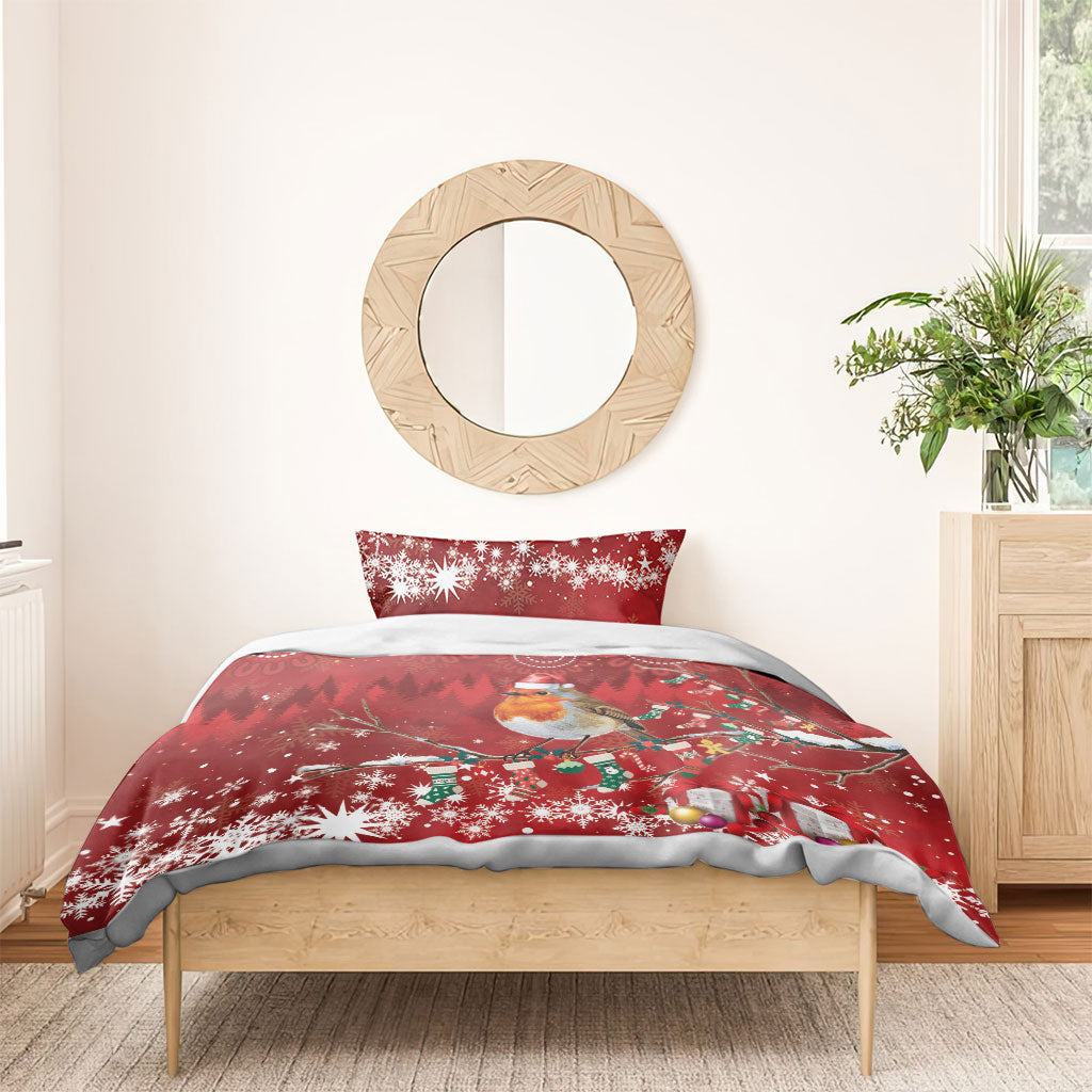 Australia Red - capped Robin Christmas In July Bedding Set Aussie Passerine Bird Merry Xmas