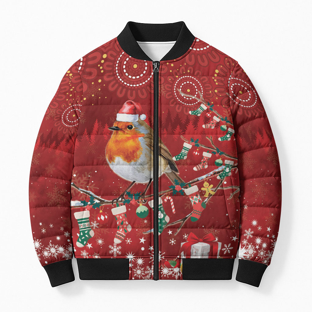 Australia Red - capped Robin Christmas In July Bomber Puffer Jacket Aussie Passerine Bird Merry Xmas