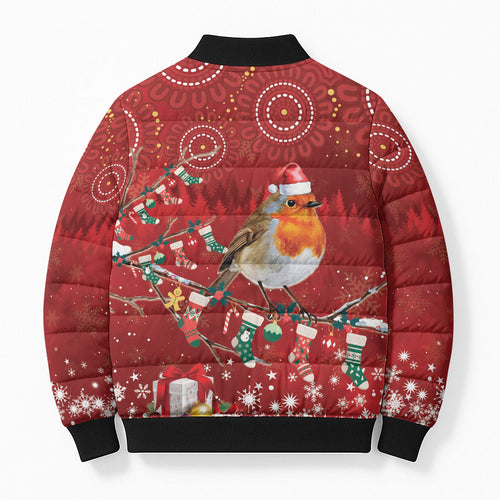 Australia Red - capped Robin Christmas In July Bomber Puffer Jacket Aussie Passerine Bird Merry Xmas