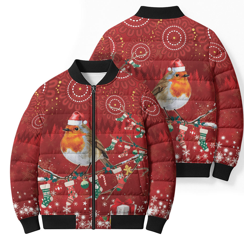 Australia Red - capped Robin Christmas In July Bomber Puffer Jacket Aussie Passerine Bird Merry Xmas