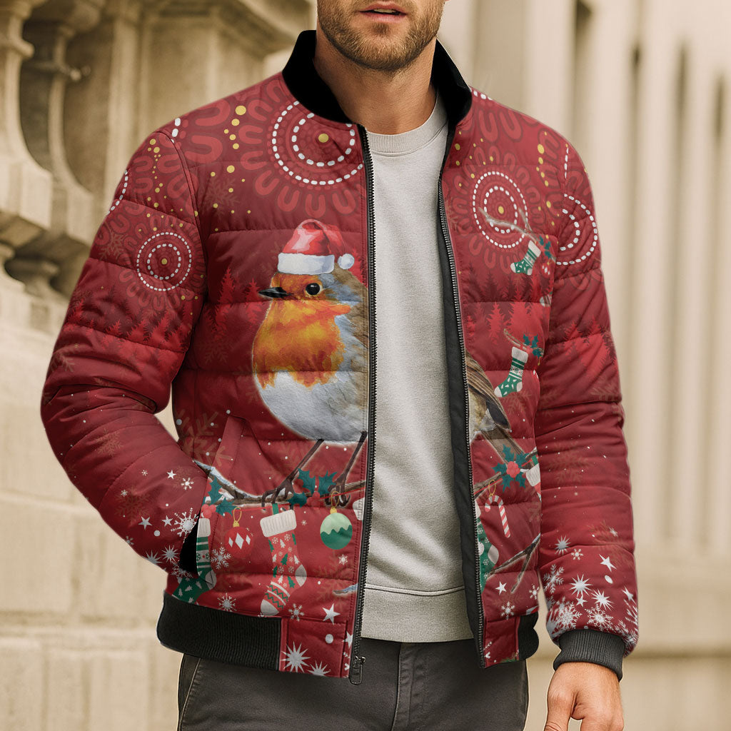 Australia Red - capped Robin Christmas In July Bomber Puffer Jacket Aussie Passerine Bird Merry Xmas