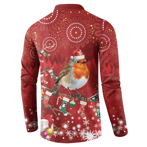 Australia Red - capped Robin Christmas In July Button Sweatshirt Aussie Passerine Bird Merry Xmas