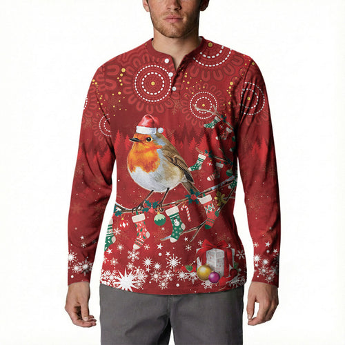 Australia Red - capped Robin Christmas In July Button Sweatshirt Aussie Passerine Bird Merry Xmas
