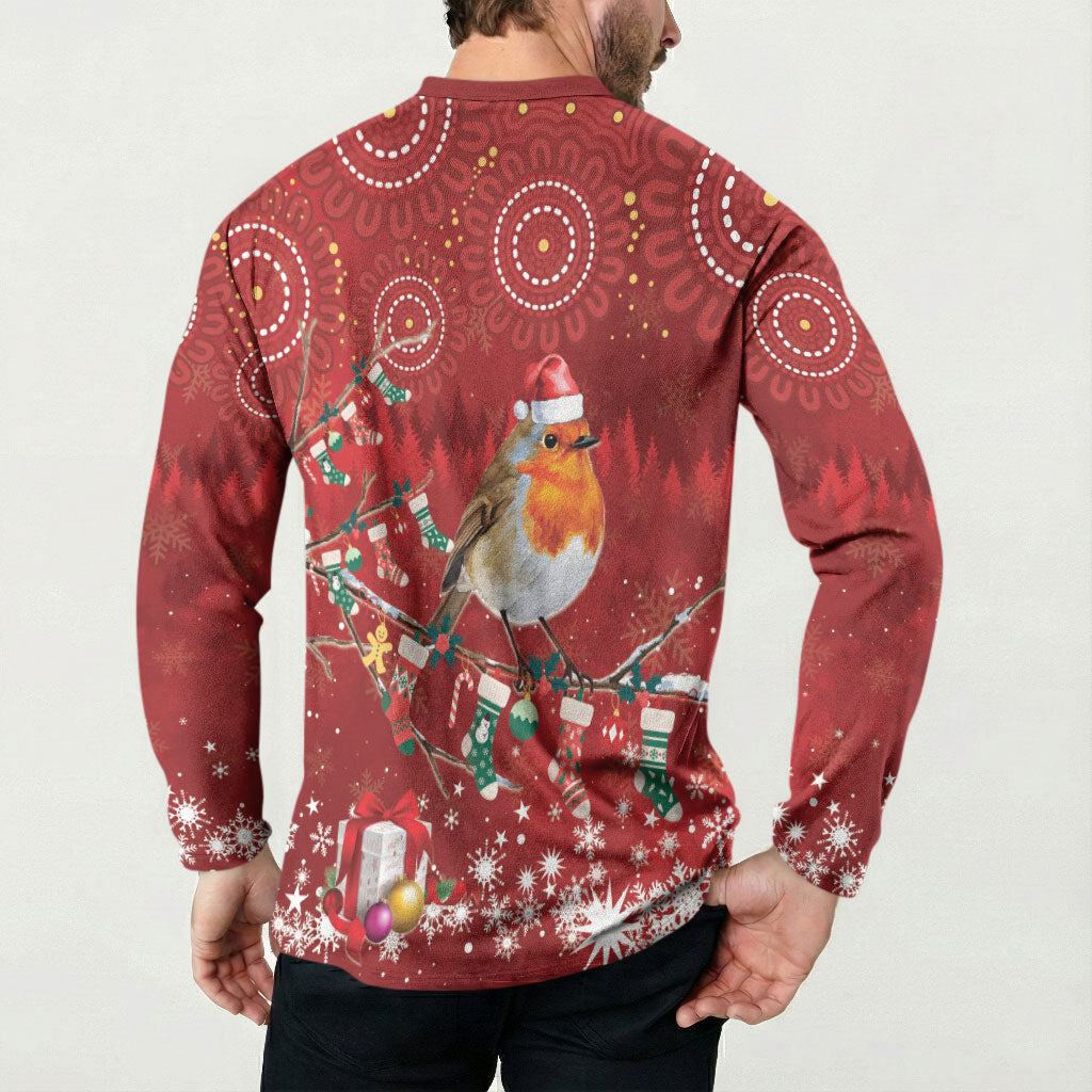 Australia Red - capped Robin Christmas In July Button Sweatshirt Aussie Passerine Bird Merry Xmas