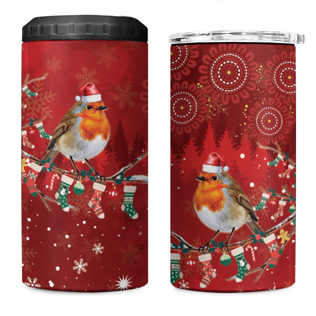 Australia Red - capped Robin Christmas In July 4 in 1 Can Cooler Tumbler Aussie Passerine Bird Merry Xmas