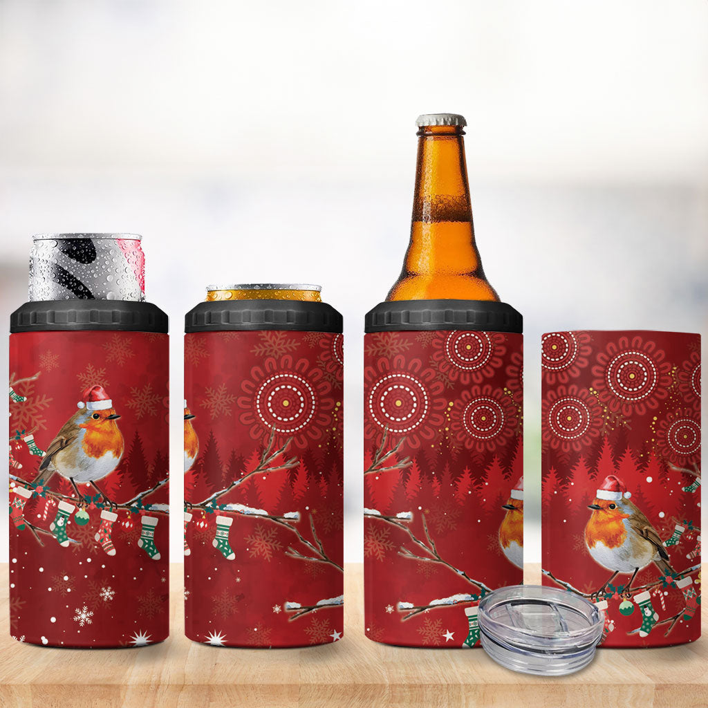 Australia Red - capped Robin Christmas In July 4 in 1 Can Cooler Tumbler Aussie Passerine Bird Merry Xmas