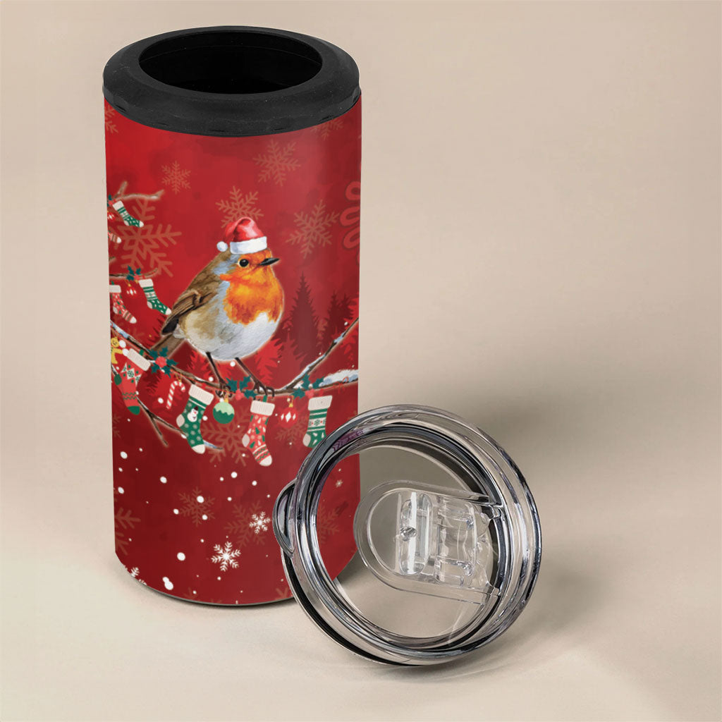 Australia Red - capped Robin Christmas In July 4 in 1 Can Cooler Tumbler Aussie Passerine Bird Merry Xmas