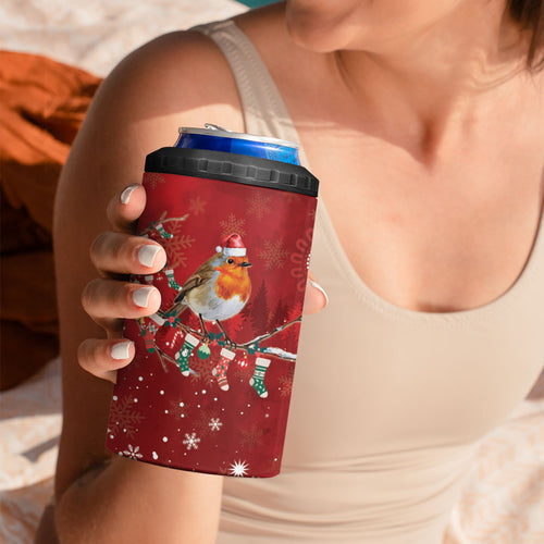 Australia Red - capped Robin Christmas In July 4 in 1 Can Cooler Tumbler Aussie Passerine Bird Merry Xmas