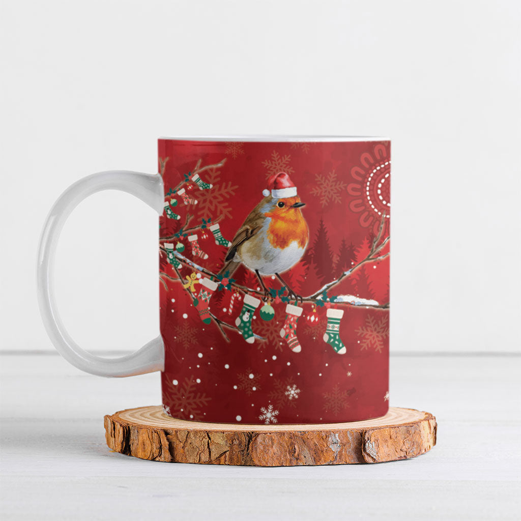 Australia Red - capped Robin Christmas In July Ceramic Mug Aussie Passerine Bird Merry Xmas