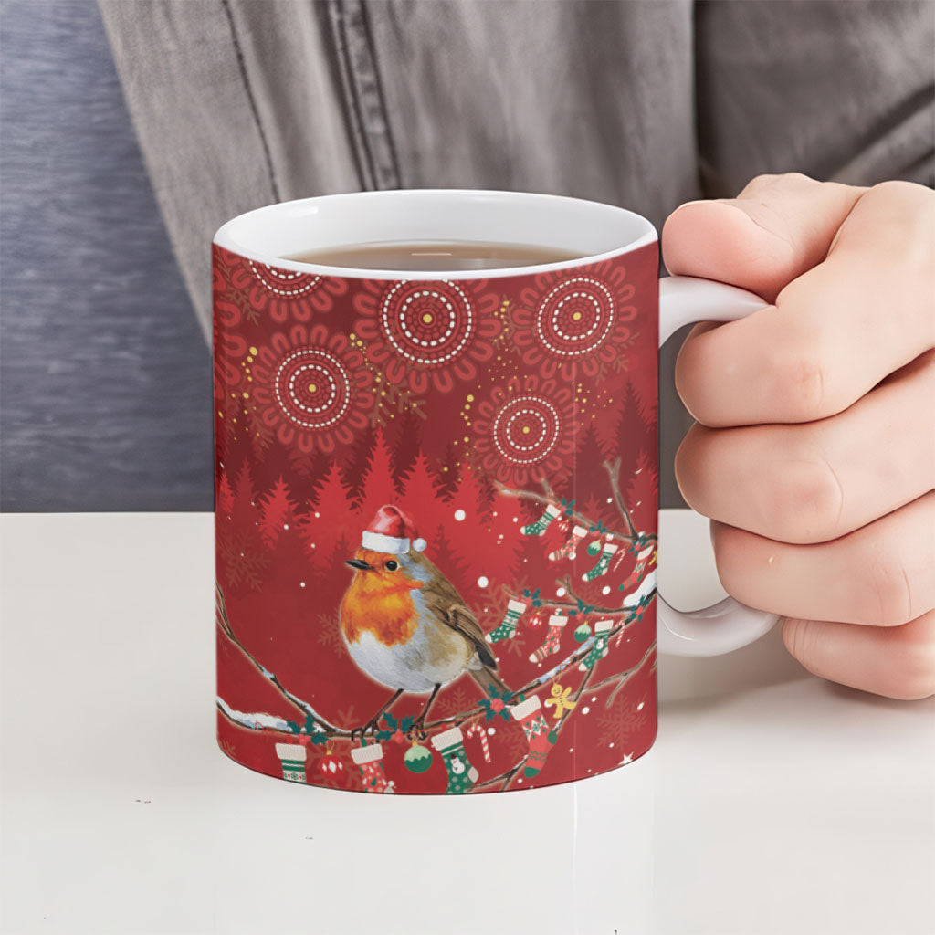 Australia Red - capped Robin Christmas In July Ceramic Mug Aussie Passerine Bird Merry Xmas
