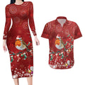 Australia Red - capped Robin Christmas In July Couples Matching Long Sleeve Bodycon Dress and Hawaiian Shirt Aussie Passerine Bird Merry Xmas