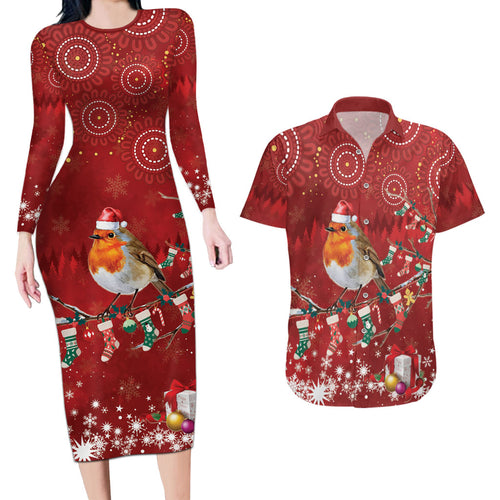 Australia Red - capped Robin Christmas In July Couples Matching Long Sleeve Bodycon Dress and Hawaiian Shirt Aussie Passerine Bird Merry Xmas