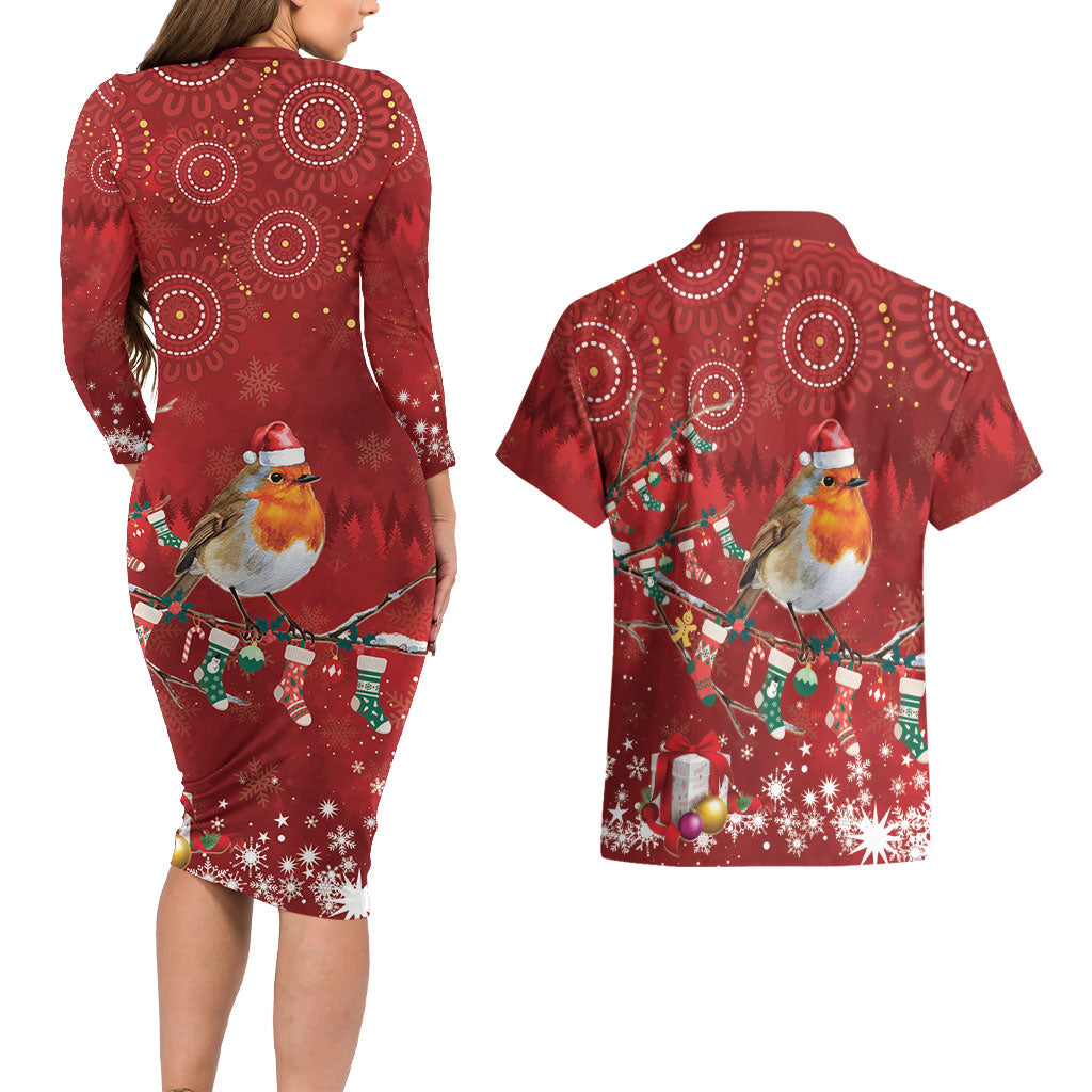 Australia Red - capped Robin Christmas In July Couples Matching Long Sleeve Bodycon Dress and Hawaiian Shirt Aussie Passerine Bird Merry Xmas