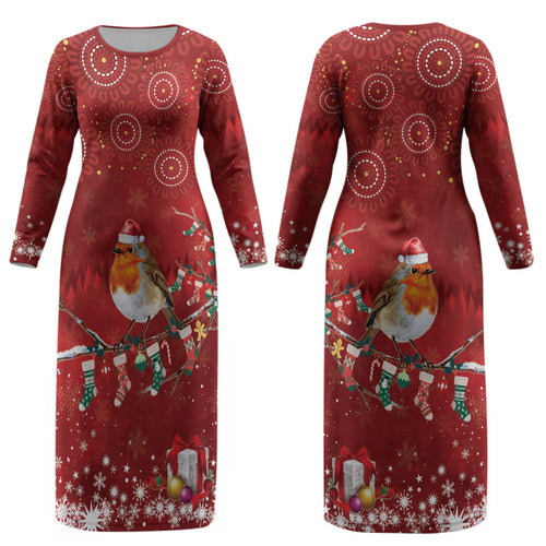 Australia Red - capped Robin Christmas In July Couples Matching Long Sleeve Bodycon Dress and Hawaiian Shirt Aussie Passerine Bird Merry Xmas LT22