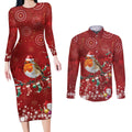 Australia Red - capped Robin Christmas In July Couples Matching Long Sleeve Bodycon Dress and Long Sleeve Button Shirt Aussie Passerine Bird Merry Xmas