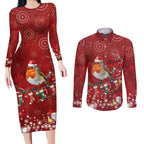 Australia Red - capped Robin Christmas In July Couples Matching Long Sleeve Bodycon Dress and Long Sleeve Button Shirt Aussie Passerine Bird Merry Xmas