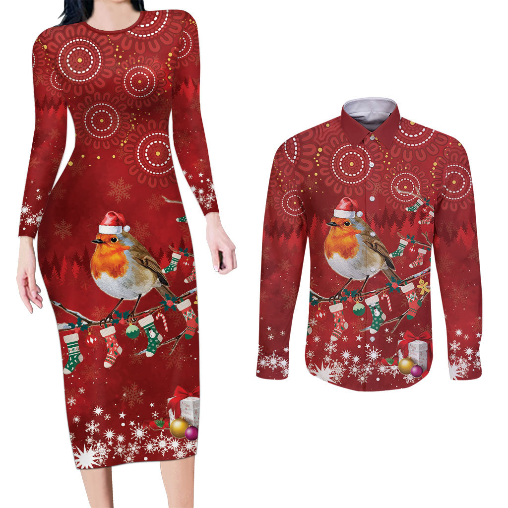 Australia Red - capped Robin Christmas In July Couples Matching Long Sleeve Bodycon Dress and Long Sleeve Button Shirt Aussie Passerine Bird Merry Xmas