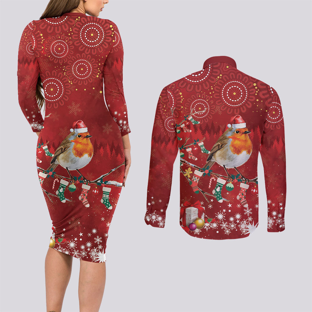 Australia Red - capped Robin Christmas In July Couples Matching Long Sleeve Bodycon Dress and Long Sleeve Button Shirt Aussie Passerine Bird Merry Xmas