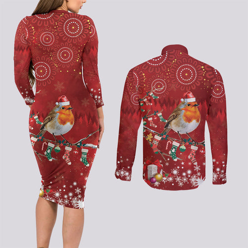 Australia Red - capped Robin Christmas In July Couples Matching Long Sleeve Bodycon Dress and Long Sleeve Button Shirt Aussie Passerine Bird Merry Xmas