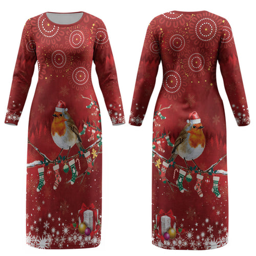 Australia Red - capped Robin Christmas In July Couples Matching Long Sleeve Bodycon Dress and Long Sleeve Button Shirt Aussie Passerine Bird Merry Xmas LT22