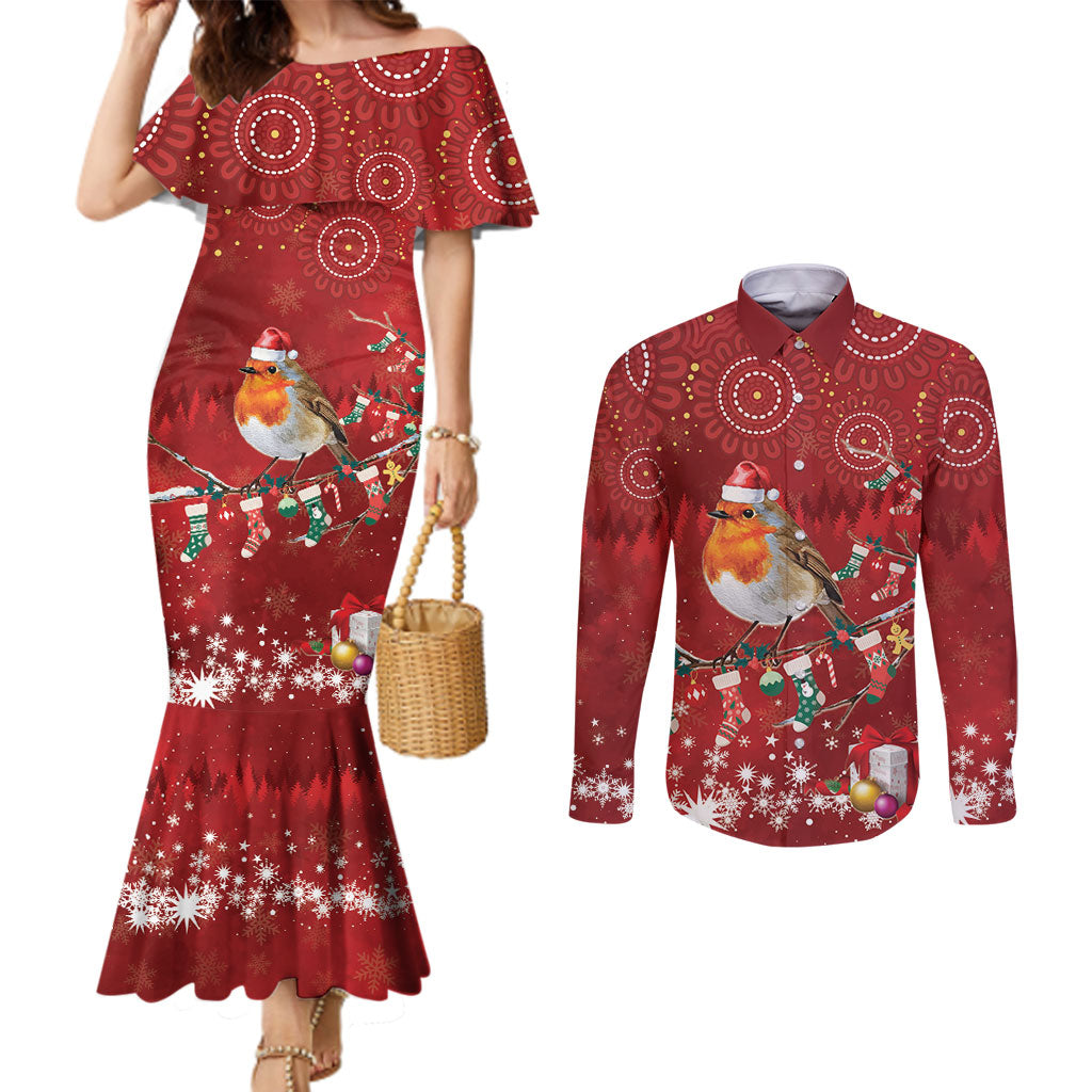 Australia Red - capped Robin Christmas In July Couples Matching Mermaid Dress and Long Sleeve Button Shirt Aussie Passerine Bird Merry Xmas