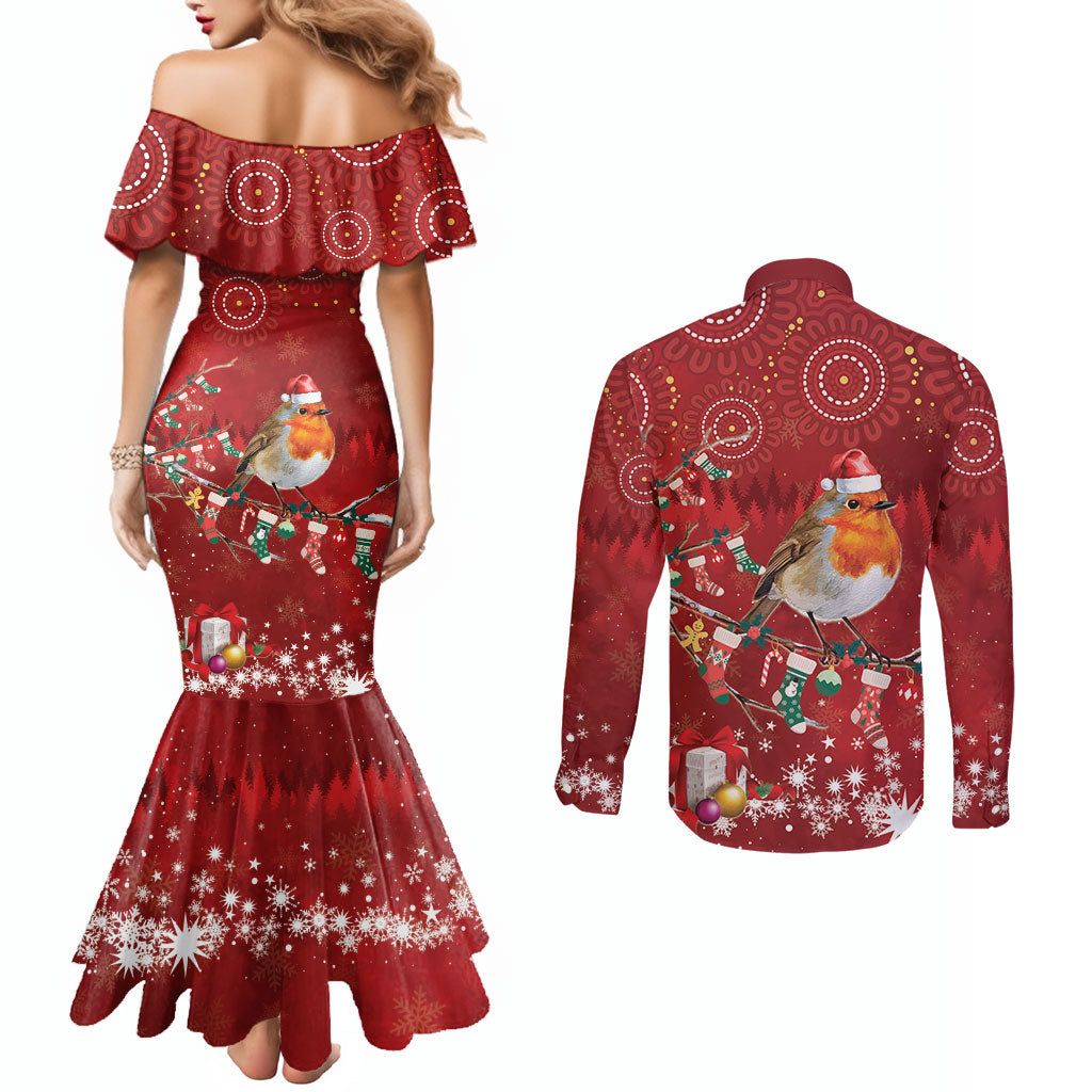 Australia Red - capped Robin Christmas In July Couples Matching Mermaid Dress and Long Sleeve Button Shirt Aussie Passerine Bird Merry Xmas