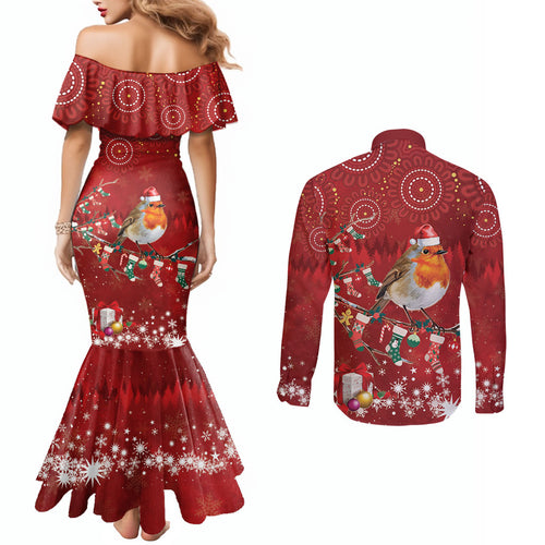 Australia Red - capped Robin Christmas In July Couples Matching Mermaid Dress and Long Sleeve Button Shirt Aussie Passerine Bird Merry Xmas