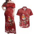 Australia Red - capped Robin Christmas In July Couples Matching Off Shoulder Maxi Dress and Hawaiian Shirt Aussie Passerine Bird Merry Xmas