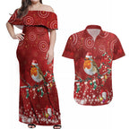 Australia Red - capped Robin Christmas In July Couples Matching Off Shoulder Maxi Dress and Hawaiian Shirt Aussie Passerine Bird Merry Xmas