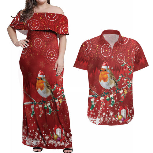 Australia Red - capped Robin Christmas In July Couples Matching Off Shoulder Maxi Dress and Hawaiian Shirt Aussie Passerine Bird Merry Xmas