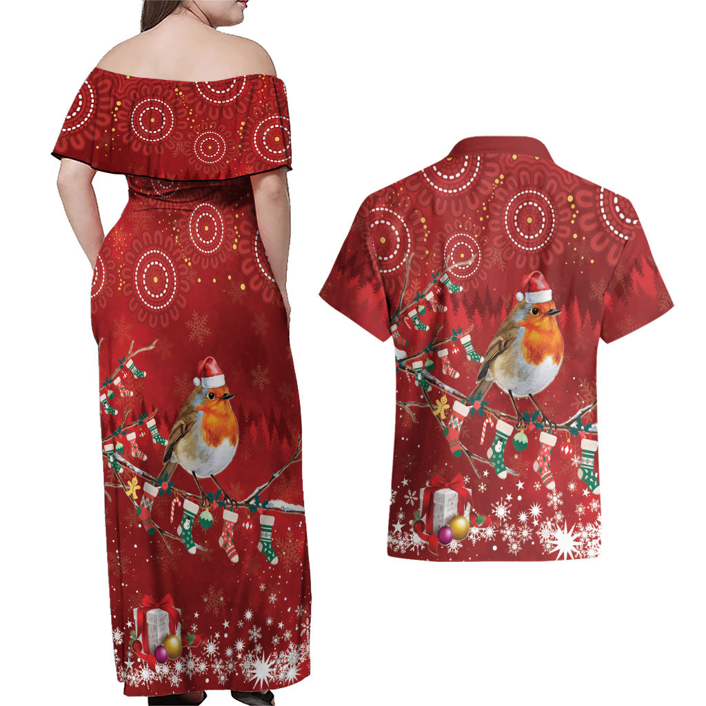 Australia Red - capped Robin Christmas In July Couples Matching Off Shoulder Maxi Dress and Hawaiian Shirt Aussie Passerine Bird Merry Xmas