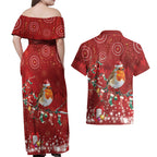 Australia Red - capped Robin Christmas In July Couples Matching Off Shoulder Maxi Dress and Hawaiian Shirt Aussie Passerine Bird Merry Xmas