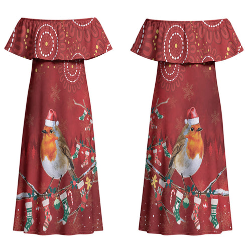 Australia Red - capped Robin Christmas In July Couples Matching Off Shoulder Maxi Dress and Hawaiian Shirt Aussie Passerine Bird Merry Xmas LT22