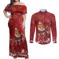 Australia Red - capped Robin Christmas In July Couples Matching Off Shoulder Maxi Dress and Long Sleeve Button Shirt Aussie Passerine Bird Merry Xmas