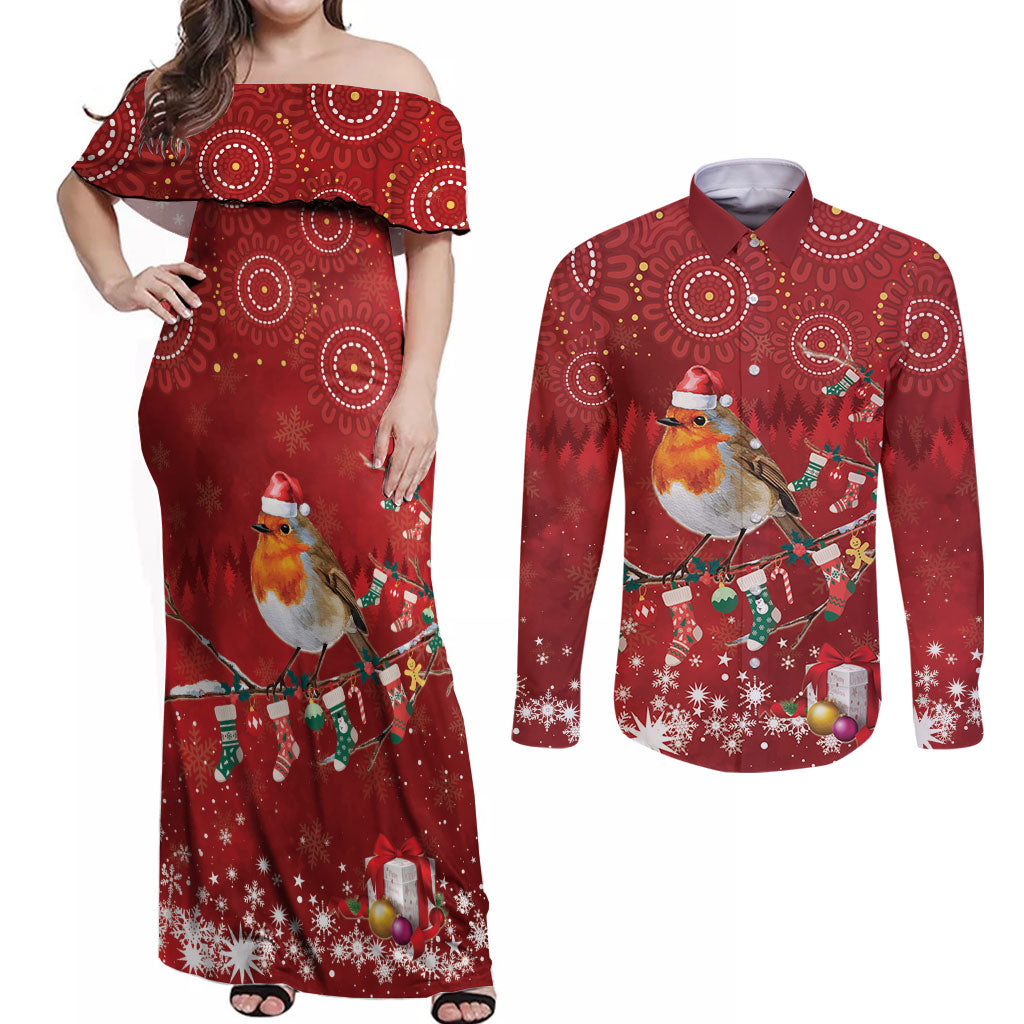 Australia Red - capped Robin Christmas In July Couples Matching Off Shoulder Maxi Dress and Long Sleeve Button Shirt Aussie Passerine Bird Merry Xmas